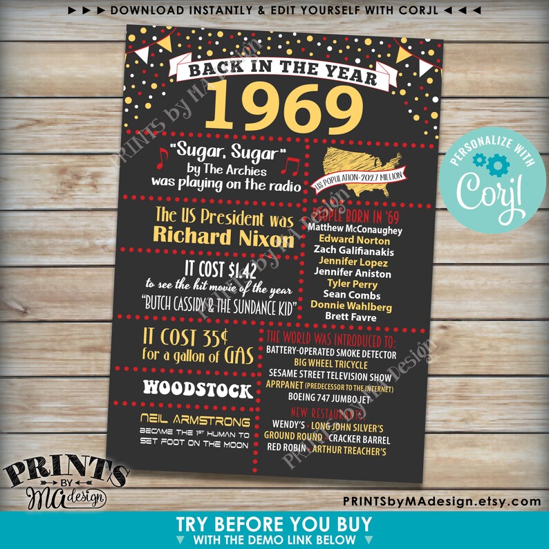 Back in 1969 Flashback Card or Sign Remember 1969 Birthday - Etsy