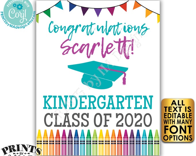 Editable Graduation Sign with Crayons and Bunting Flags, Custom PRINTABLE 8x10/16x20” Graduation Party Decoration <Edit Yourself w/Corjl>