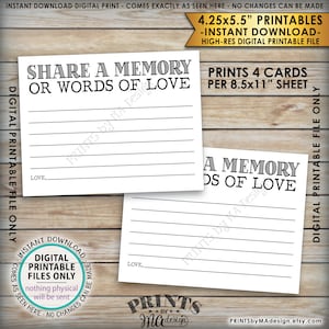 以下が含まれることがあります： 「SHARE A MEMORY OR WORDS OF LOVE」と「A MEMORY OF LOVE」の黒い文字が書かれた2枚の白い印刷可能なカード。各カードには書き込み用の罫線スペースがあり、下部には「LOVE,」という文字があります。カードは木製の表面にあります。