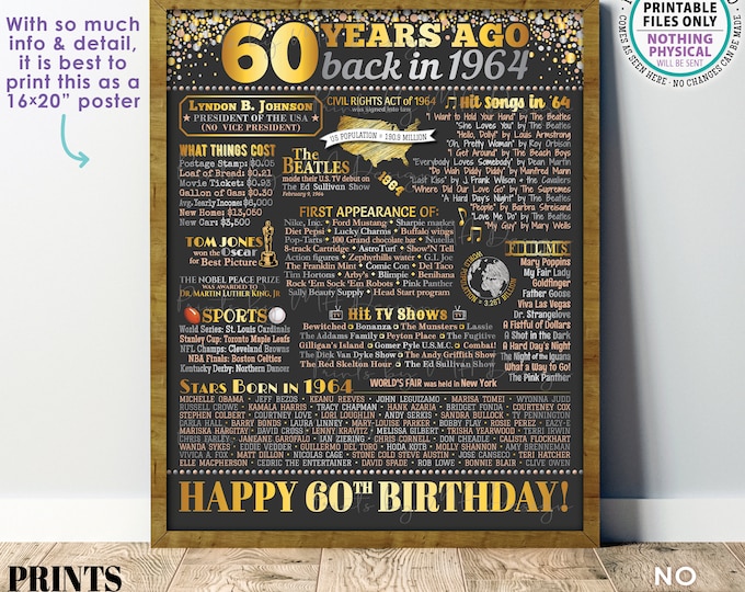 60th Birthday Poster Board, Back in the Year 1964 Flashback 60 Years Ago B-day Gift, PRINTABLE 16x20” Born in 1964 Sign <ID>