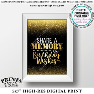 Deel een teken van herinnering of verjaardagswensen, verjaardagsfeestje decor, verjaardagswens, herinneringen teken, afdrukbare zwart & goud glitter 5 x 7" B-dag teken