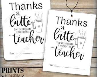 Thanks a Latte Card, Gift Card Holder for Teacher Appreciation, Four 4.25x5.5" Tags/Cards on PRINTABLE 8.5x11" Sheet, Coffee Mug <ID>
