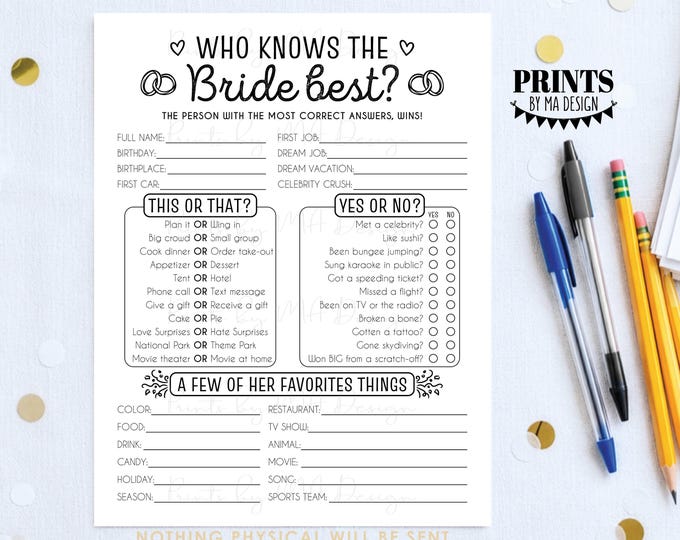 Bridal Shower Game, Who Knows the Bride Best, Bridal Trivia, How Well do you Know the Bride-to-Be, Digital PRINTABLE 8.5x11” File <ID>