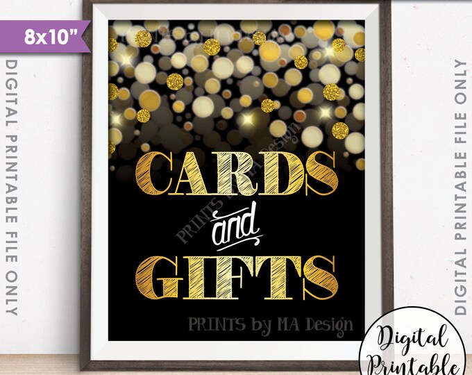 Cards and Gifts Sign, Cards & Gifts, Birthday, Anniversary, Retirement, Graduation, Black and Gold Glitter Instant Download 8x10” Printable