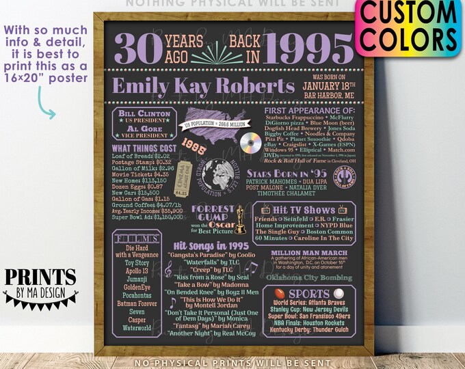 Back in the Year 1995 Birthday Sign, 30th Birthday Poster Board, Flashback 30 Years Ago B-day Gift, Custom PRINTABLE 16x20” Born in '95 Sign