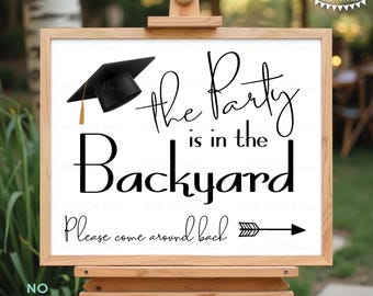 Graduation Party is in the Backyard Please Come Around Back, Arrow Pointing Right, Back Yard Celebration, PRINTABLE 8x10/16x20” Sign <ID>