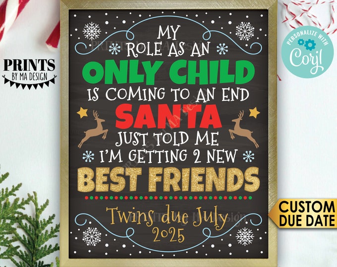 Twins Christmas Pregnancy Announcement, My Role as an Only Child is Coming to an End, PRINTABLE Twins Reveal Sign <Edit Yourself w/Corjl>