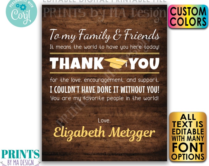 Editable Graduation Thank You Sign, Thanks from the Grad Party, PRINTABLE 16x20" Rustic Wood Style Decoration <Edit Yourself with Corjl>