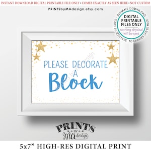 Signo de baby shower, por favor decore un bloque, coloree un bloque, signo de bloques de bebé, estrellas centelleantes, niño, azul, signo de baby shower IMPRIMIBLE de 5x7" <ID>