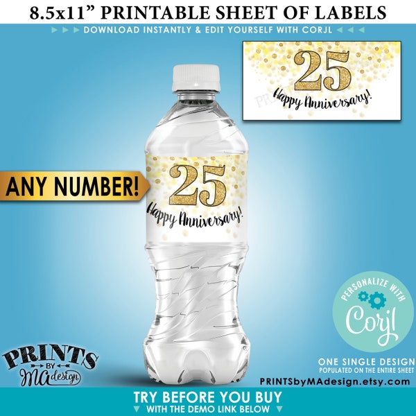 Anniversary Water Bottle Labels, Gold Glitter Anniversary Party, PRINTABLE Water Bottle Labels on 8.5x11" Sheet <Edit Yourself with Corjl>