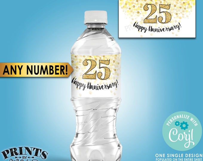 Anniversary Water Bottle Labels, Gold Glitter Anniversary Party, PRINTABLE Water Bottle Labels on 8.5x11" Sheet <Edit Yourself with Corjl>