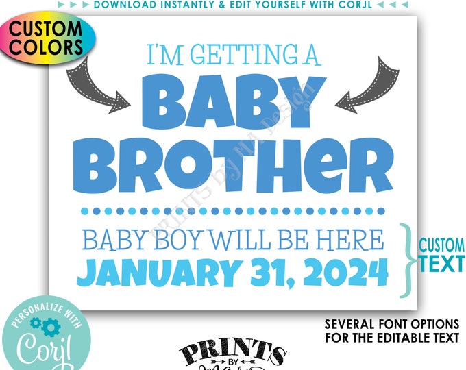 I'm Getting a Baby Brother Pregnancy Announcement, It's a Boy, Custom PRINTABLE Gender Reveal Sign <Edit Yourself with Corjl>