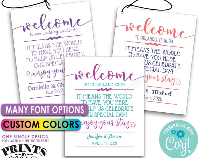 Wedding Welcome Tags, Goodie Bags, Out of Town Guests Destination, PRINTABLE 8.5x11" Sheet of 4x5" Tags <Edit Yourself with Corjl>