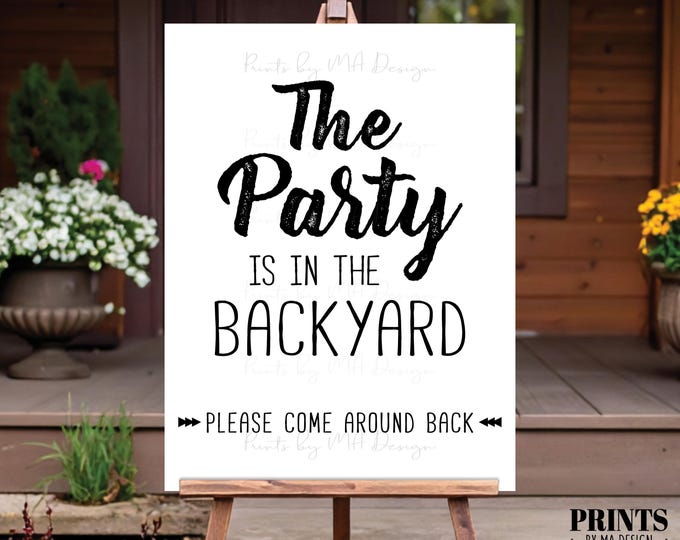 Party is in the Backyard Please Come Around Back, Come to the Party, Go Around to the Back, PRINTABLE 18x24” Portrait Sign <ID>