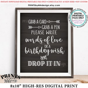 Schrijf een herinnering, pak een kaart, pak een pen, schrijf woorden van liefde, verjaardagswens, drop it in, verjaardagsfeest, afdrukbaar 8x10" schoolbordstijlbord <ID>
