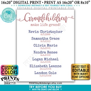 Grandchildren Make Life Grand, List of Grandkids, Gift for Grandparents, Grandma, Grandpa, PRINTABLE Sign &lt;Edit Yourself w/Corjl&gt;