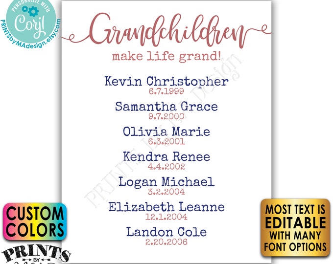 Grandchildren Make Life Grand, List of Grandkids, Gift for Grandparents, Grandma, Grandpa, PRINTABLE Sign <Edit Yourself w/Corjl>