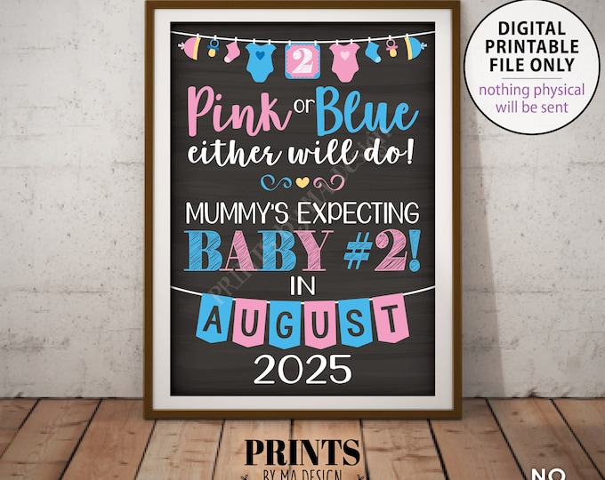 Baby Number 2 Pregnancy Announcement, Pink or Blue Baby Either Will Do Baby #2, Second Child, Mummy, PRINTABLE Chalkboard Style A1 size Sign