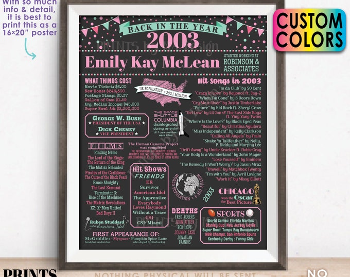 Back in the Year 2003 Retirement Party Sign, Flashback to 2003 Poster Board, Custom PRINTABLE 16x20” Retirement Party Decoration