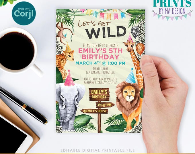 Editable Party Animals Invitation, Jungle Birthday, Safari, Custom PRINTABLE 5x7" Watercolor Style Digital File <Edit Yourself with Corjl>