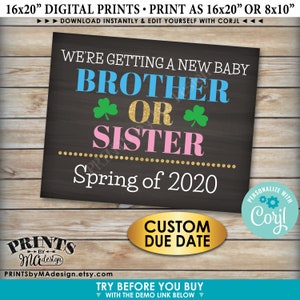 May include: A chalkboard style digital printable sign announcing a new baby is coming in spring 2020. The sign says "We're getting a new baby brother or sister Spring of 2020". The sign is decorated with shamrocks and gold glitter. The sign is customizable with a due date and can be printed in 16x20 or 8x10 inches.