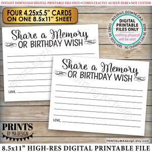 Deel een geheugenkaart, deel herinneringen of een verjaardagswens, schrijf een verjaardagsactiviteit, vier kaarten van 4,25 x 5,5 inch per afdrukbaar vel van 8,5 x 11 inch <ID>