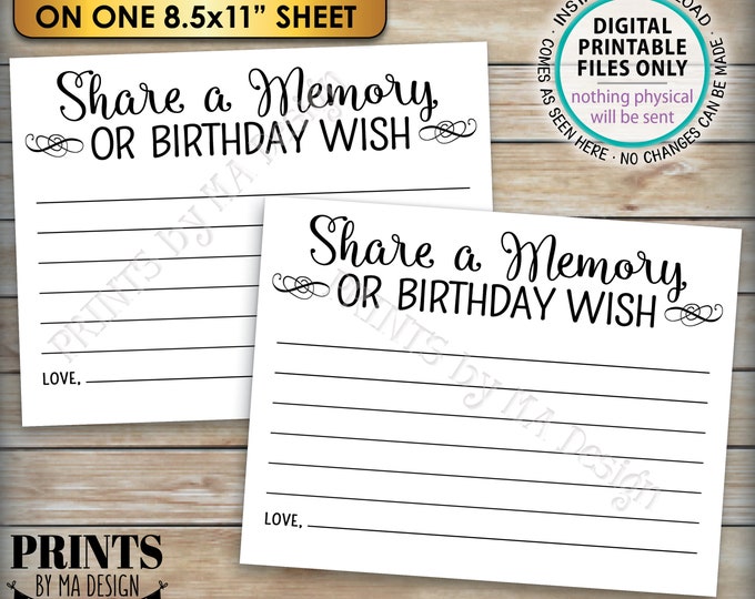 Share a Memory Card, Share Memories or a Birthday Wish, Write a Memory Bday Activity, Four 4.25x5.5" Cards per 8.5x11" PRINTABLE Sheet <ID>