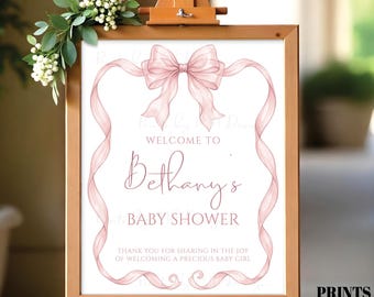 Bow Baby Shower Sign, Coquette Pink Organza Ribbon, Personalized Mom-to-Be's Name, It's a Girl, Watercolor Style PRINTABLE 8x10/16x20” Sign