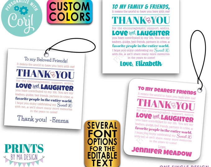 Editable Sweet Sixteen Birthday Thank You Tags, Sweet 16 Party Favors, PRINTABLE 8.5x11" Sheet of 3" TY Cards <Edit Yourself with Corjl>