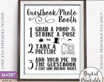Guestbook Photobooth Sign, Birthday Party Decor, Add photo to the Guest Book Photo Booth Birthday Wish, 16x20” Printable Instant Download