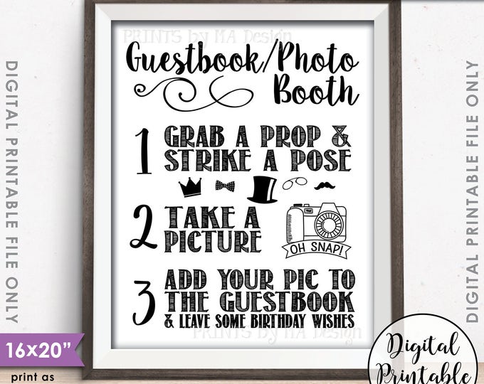 Guestbook Photobooth Sign, Birthday Party Decor, Add photo to the Guest Book Photo Booth Birthday Wish, 16x20” Printable Instant Download