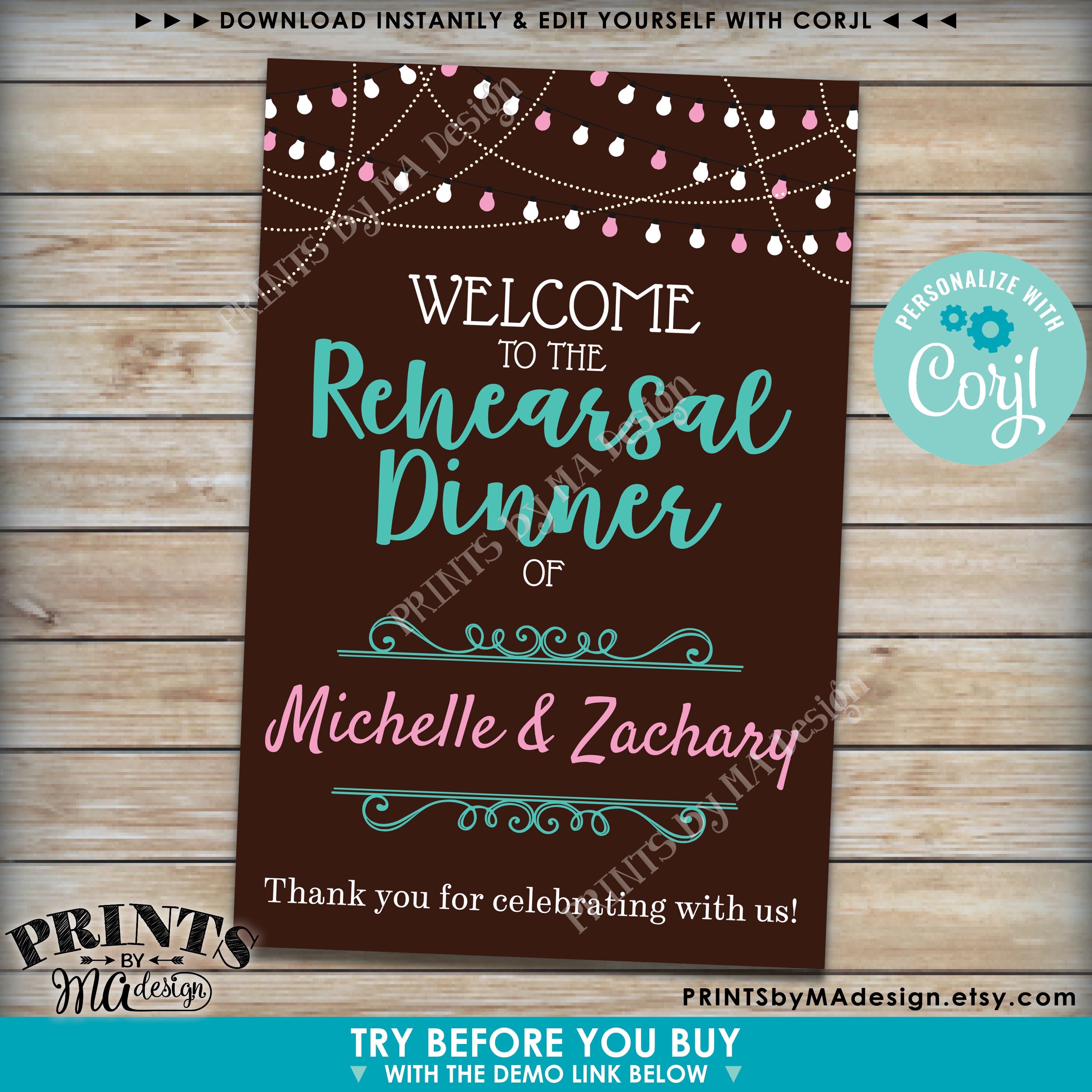 Rehearsal Dinner Sign, Custom Text and Colors, Lights at the Top, PRINTABLE 24x36” Rehearsal