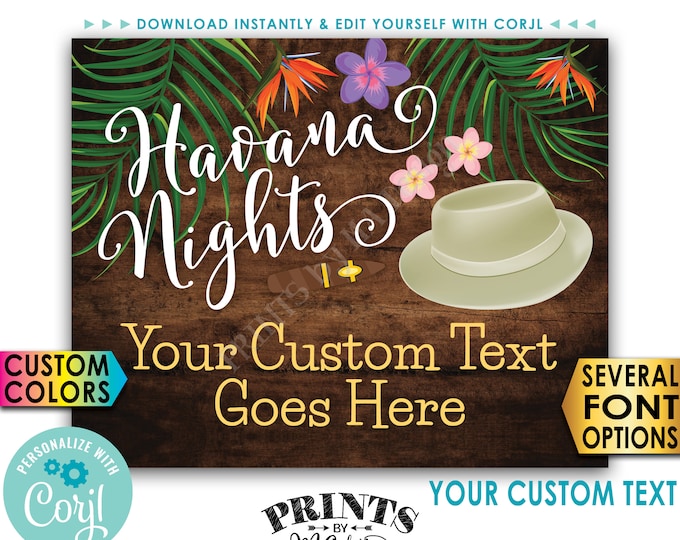 Havana Nights Sign, Custom PRINTABLE 8x10/16x20” Rustic Wood Style Landscape Sign, Palm Trees Cigar Fedora Hat <Edit Yourself with Corjl>