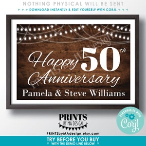 May include: A rustic wooden sign with string lights, the text "Happy 50th Anniversary Pamela & Steve Williams", and the logo "PRINTS BY MA DESIGN".