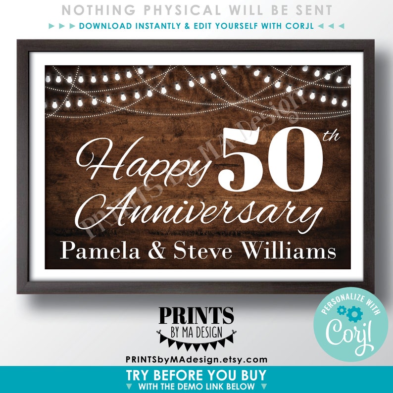 May include: A rustic wooden sign with string lights, the text "Happy 50th Anniversary Pamela & Steve Williams", and the logo "PRINTS BY MA DESIGN".