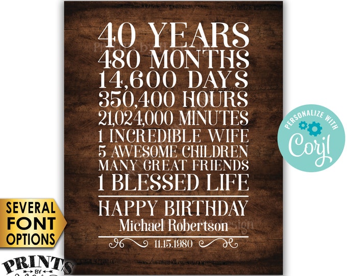 40th Birthday Gift for a Man, 40 Years, One Blessed Life, Custom PRINTABLE 8x10/16x20” Rustic Wood Style Sign <Edit Yourself with Corjl>