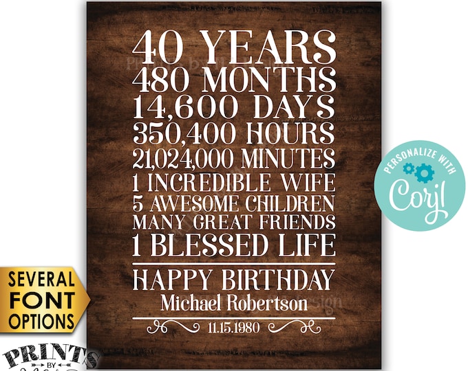 40th Birthday Gift for a Man, 40 Years, One Blessed Life, Custom PRINTABLE 8x10/16x20” Rustic Wood Style Sign <Edit Yourself with Corjl>