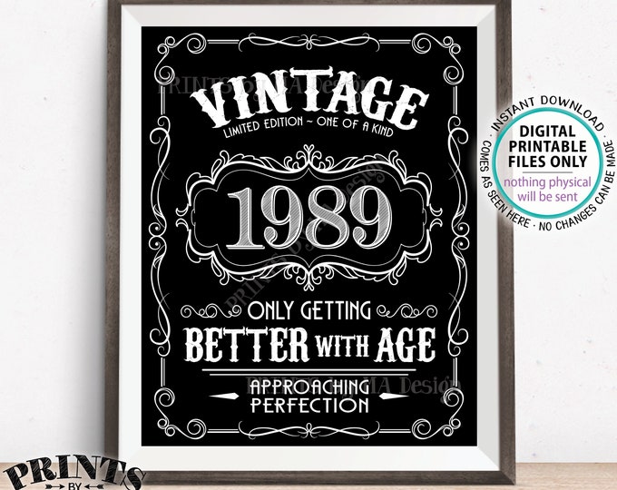 1989 Birthday Sign, Better with Age Vintage Birthday Poster, Whiskey, Aged to Perfection, Black & White PRINTABLE 8x10/16x20” 1989 Sign <ID>