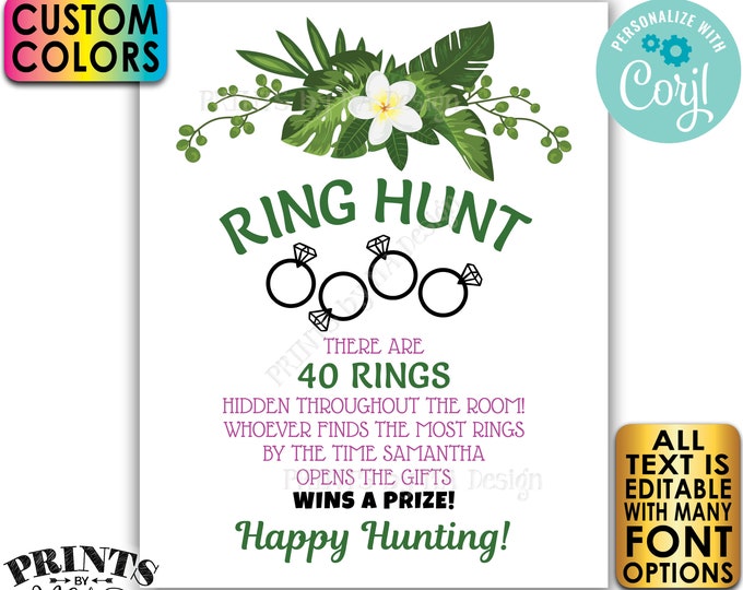 Tropical Bridal Shower Ring Hunt Game Sign, Wedding Shower Scavenger Hunt, PRINTABLE 8x10/16x20" Sign, Caribbean <Edit Yourself with Corjl>