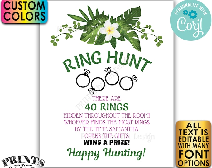 Tropical Bridal Shower Ring Hunt Game Sign, Wedding Shower Scavenger Hunt, PRINTABLE 8x10/16x20" Sign, Caribbean <Edit Yourself with Corjl>