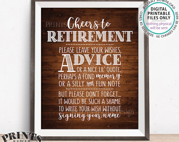 Cheers to Retirement Party Sign, Leave Your Wish, Advice, or Memory for the Retiree Celebration, PRINTABLE Rustic Wood Style 8x10" Sign <ID>