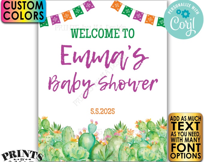 Cactus Baby Shower Welcome Sign, Southwest Succulents, Mexican Flags, One Custom PRINTABLE 8x10/16x20” Sign <Edit Yourself with Corjl>