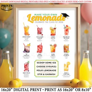 Può includere: Una stampa incorniciata con una guida alle ricette di limonata. La guida presenta illustrazioni colorate di varie miscele di limonata, tra cui Senior Sunset e Berry Proud. Il testo recita "Make Your Own Lemonade" e "Celebrate the Class of 2026".