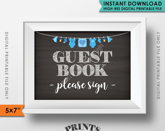 Guestbook Sign, Please Sign the Guest Book Sign In, Blue Baby Shower Decorations, Instant Download 5x7" Chalkboard Style Printable Sign