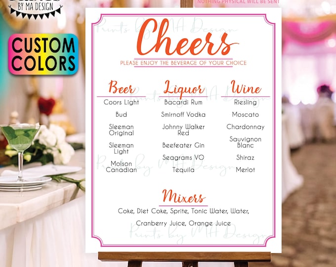 Cheers Bar Menu Sign, Alcohol Drink Selection, Custom PRINTABLE 8x10/16x20” Bar Display, No Signature Drink Options