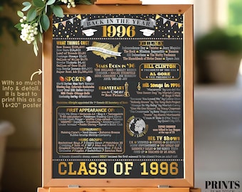 Class of 1996 Reunion Decoration, Back in the Year 1996 Poster Board, Flashback to 1996 High School Reunion, PRINTABLE 16x20” Sign <ID>