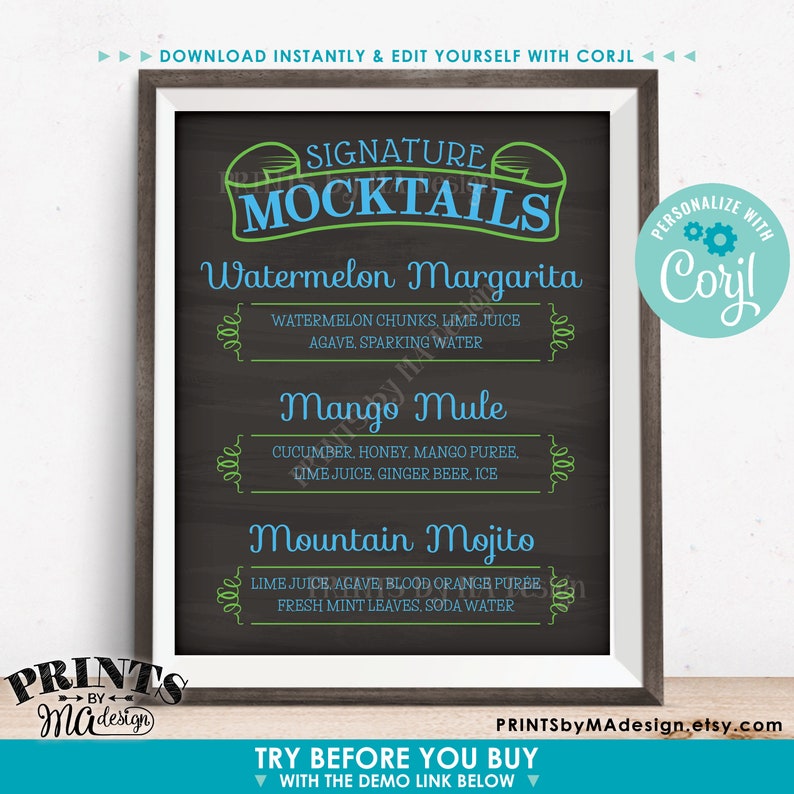 Placa de Bebidas Sem Álcool com Mocktails Exclusivos, 3 Bebidas Não Alcoólicas, Placa Personalizada IMPRIMÍVEL em Estilo Lousa 8x10/16x20” <Edite Você Mesmo com Corjl> imagem 2