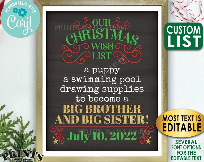 Our Christmas Wish List Pregnancy Announcement, Big Brother/Sisters, Custom List, Custom PRINTABLE Xmas Sign <Edit Yourself with Corjl>