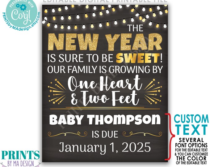 New Years Pregnancy Announcement, Our Family is Growing by 1 Heart & 2 Feet, PRINTABLE Chalkboard Style Sign <Edit Yourself with Corjl>