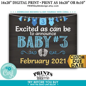 Baby Number 3 Pregnancy Announcement, It&#39;s a BOY Gender Reveal, Chalkboard Style PRINTABLE 8x10/16x20” Sign &lt;Edit Yourself with Corjl&gt;